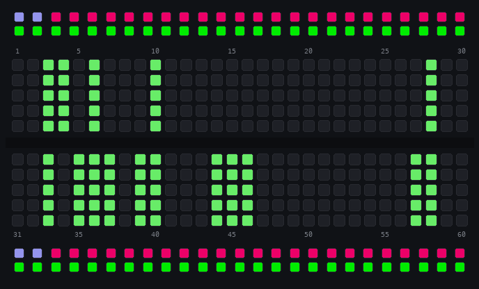 The board mid-scan, everything that conducts is lit green