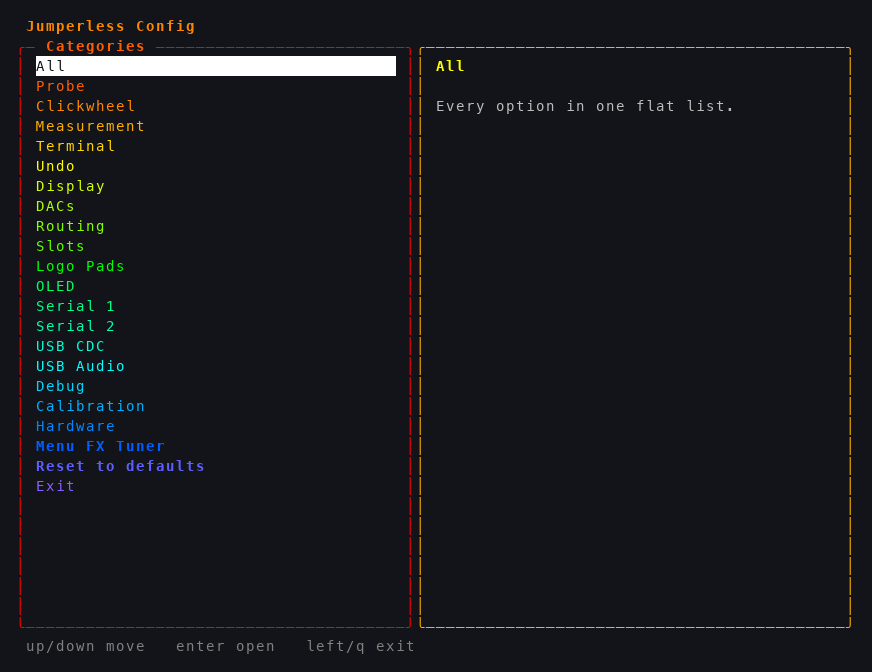 The interactive config editor's category list