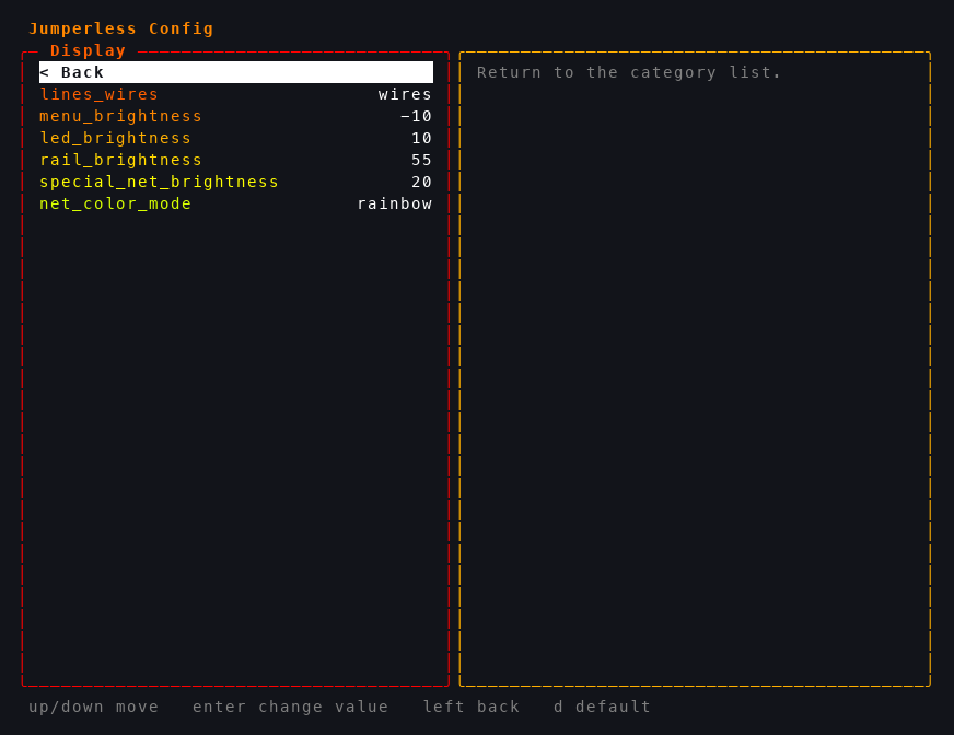 The Display category - brightness sliders that apply as you arrow through them