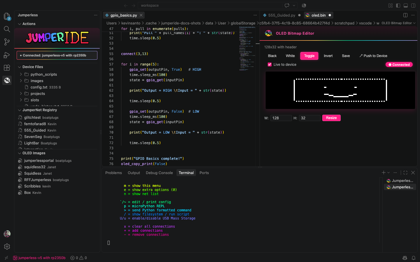 the board's menu in the serial terminal
