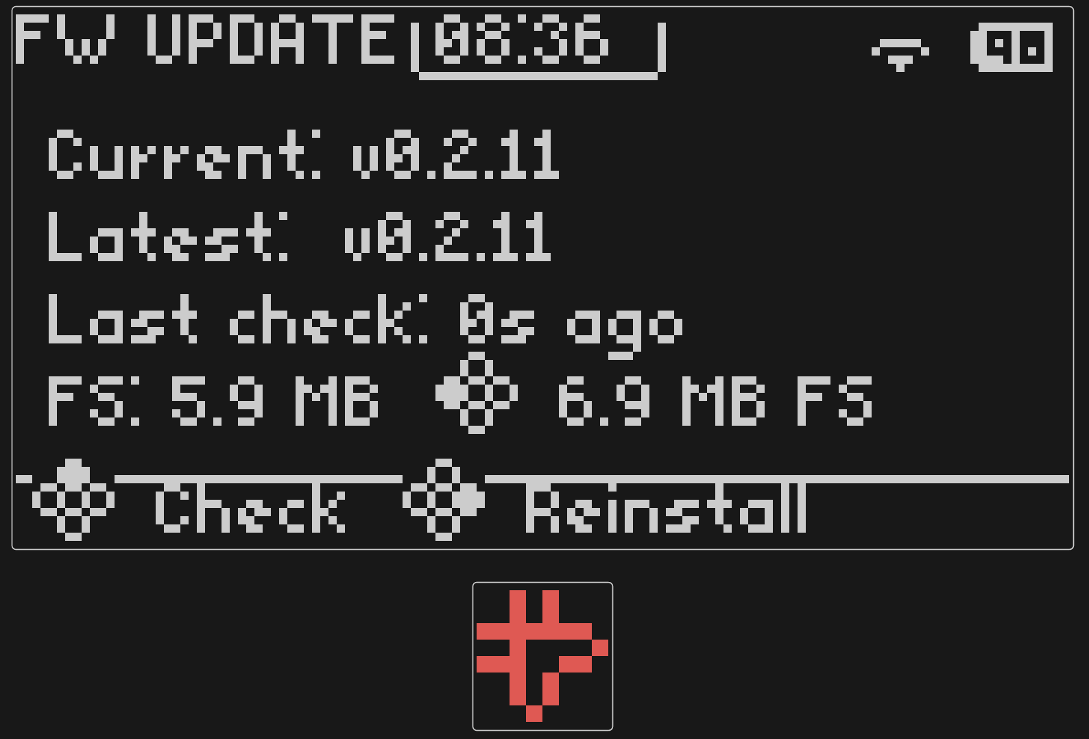 Firmware Update screen showing current/latest version and filesystem size